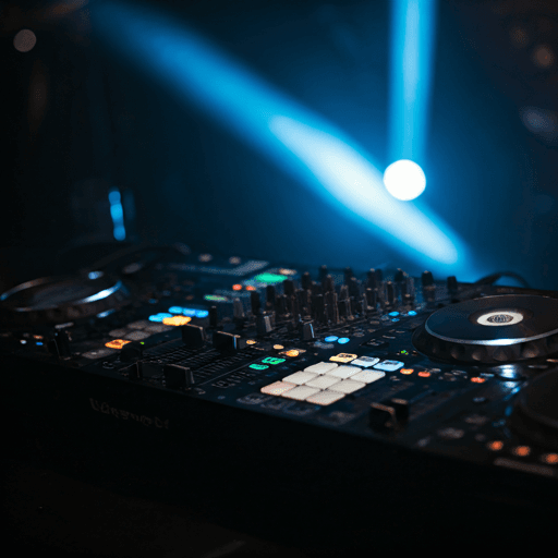 DJ console under blue stage lighting