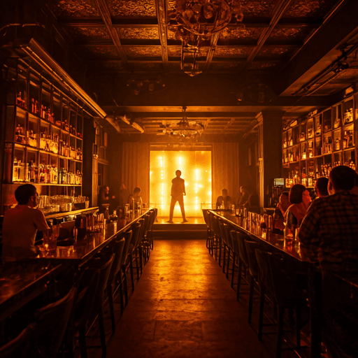 Performer silhouetted on a warm-lit venue stage